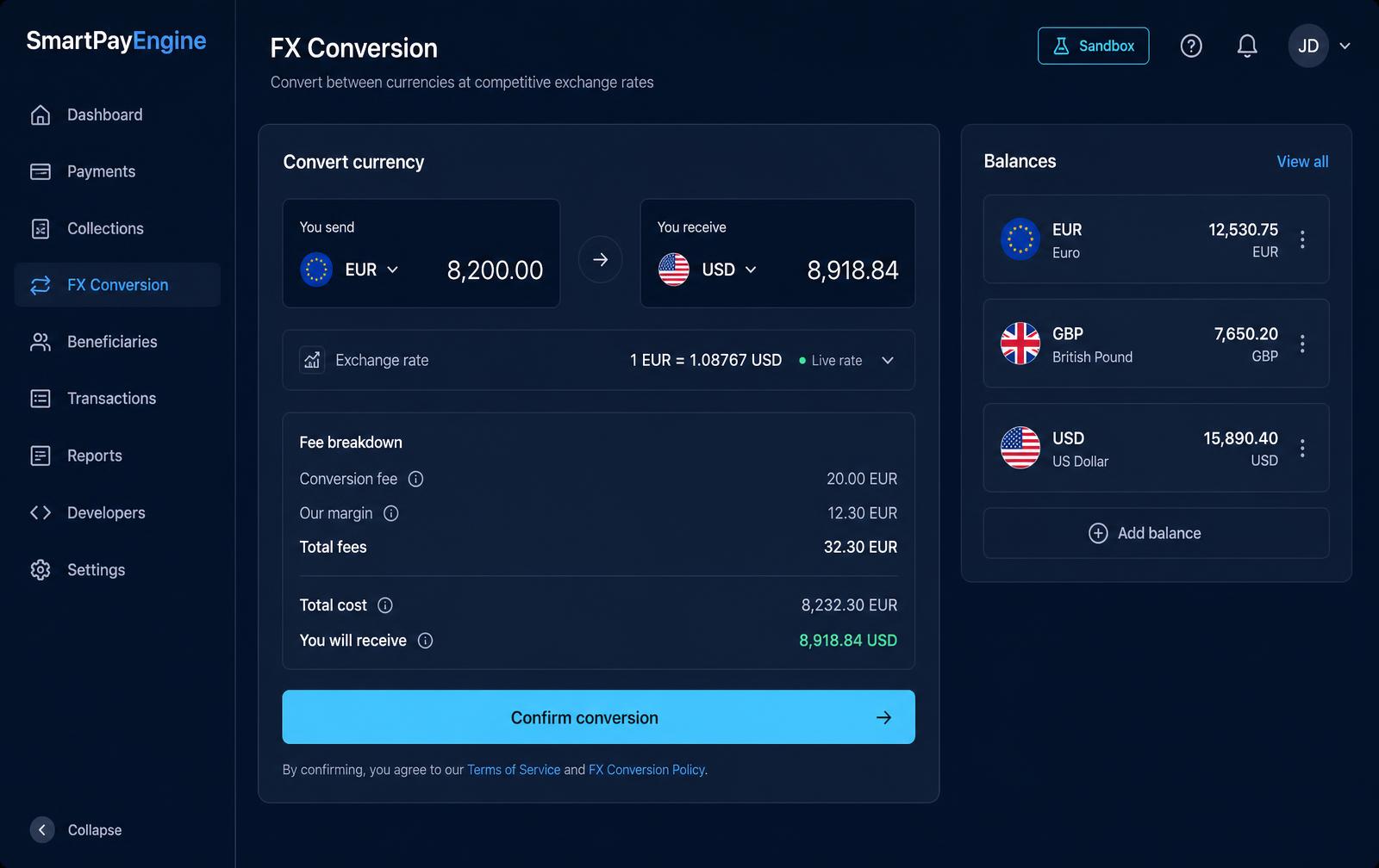 SmartPayEngine sandbox FX conversion screen converting EUR to USD with a fee breakdown and EUR, GBP, USD balances